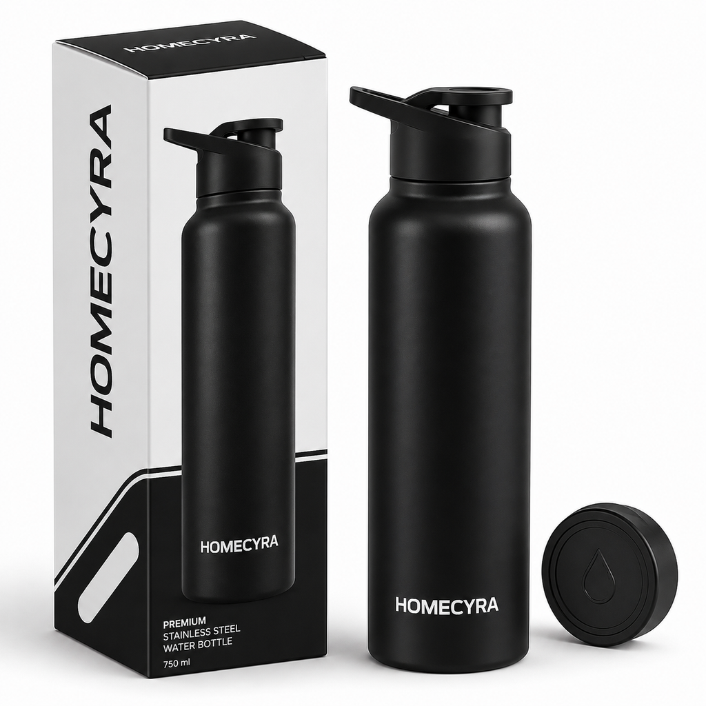 HOMECYRA Premium Stainless Steel Water Bottle | Leakproof | BPA Free | Matte Black | Reusable Sports, Office, Travel & Gym Bottle | 750 ml