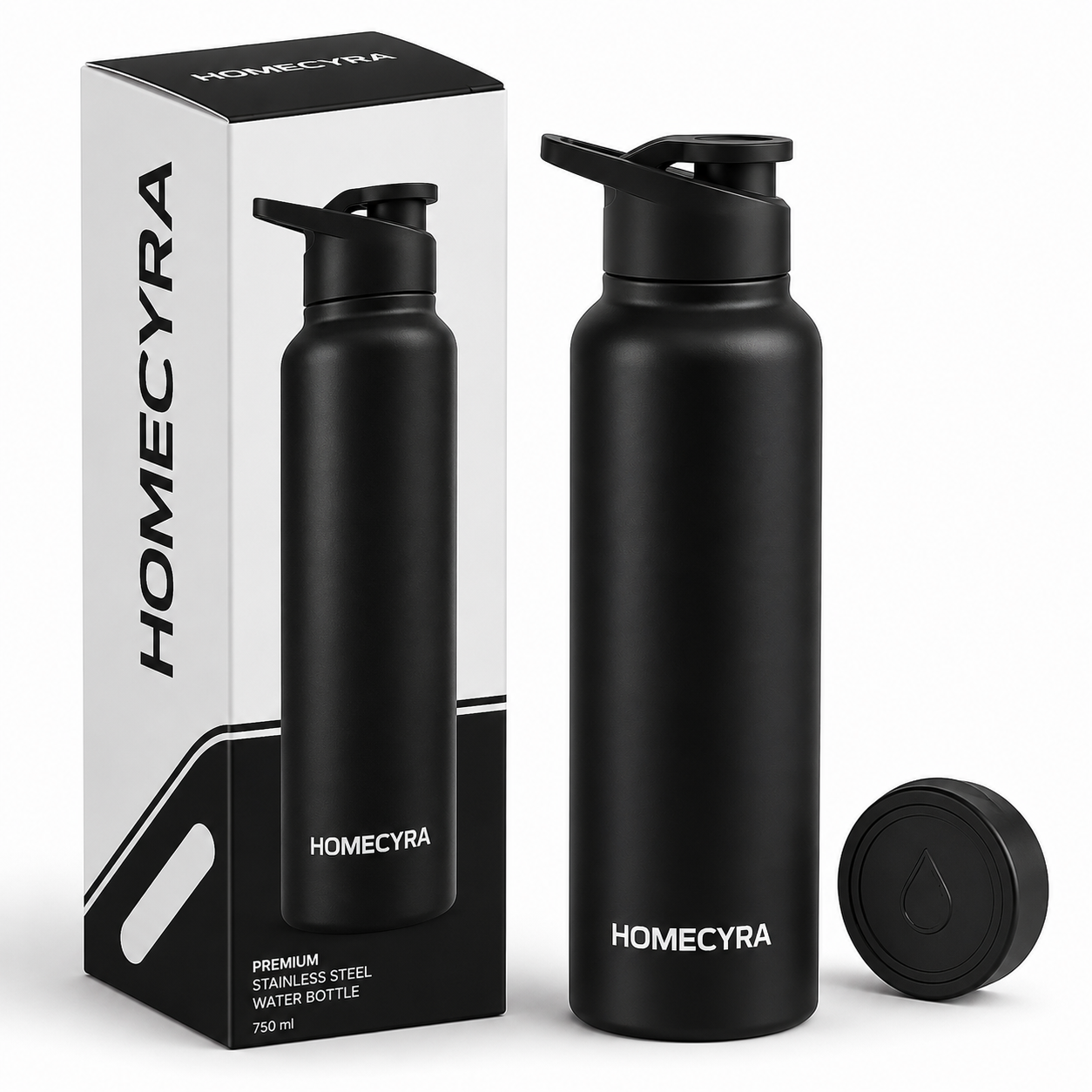 HOMECYRA Premium Stainless Steel Water Bottle | Leakproof | BPA Free | Matte Black | Reusable Sports, Office, Travel & Gym Bottle | 750 ml