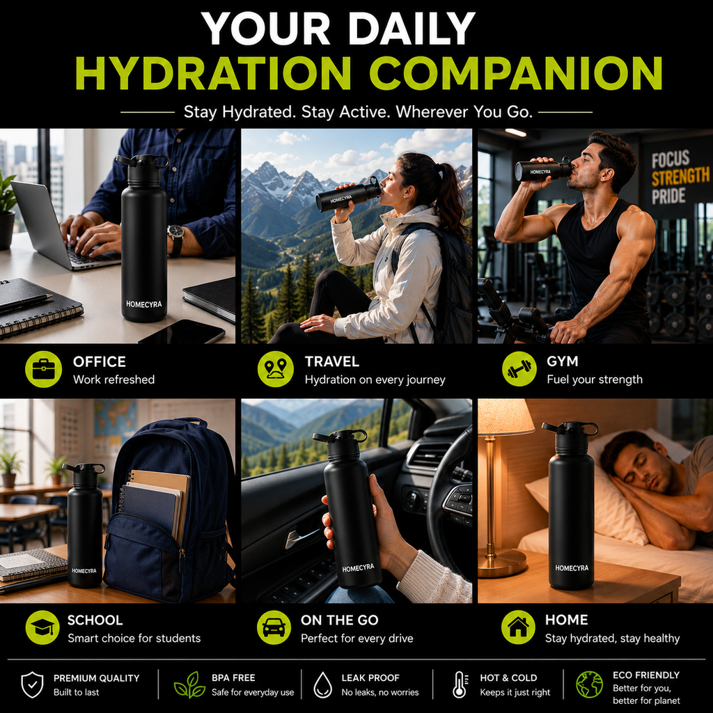 HOMECYRA Premium Stainless Steel Water Bottle | Leakproof | BPA Free | Matte Black | Reusable Sports, Office, Travel & Gym Bottle | 750 ml
