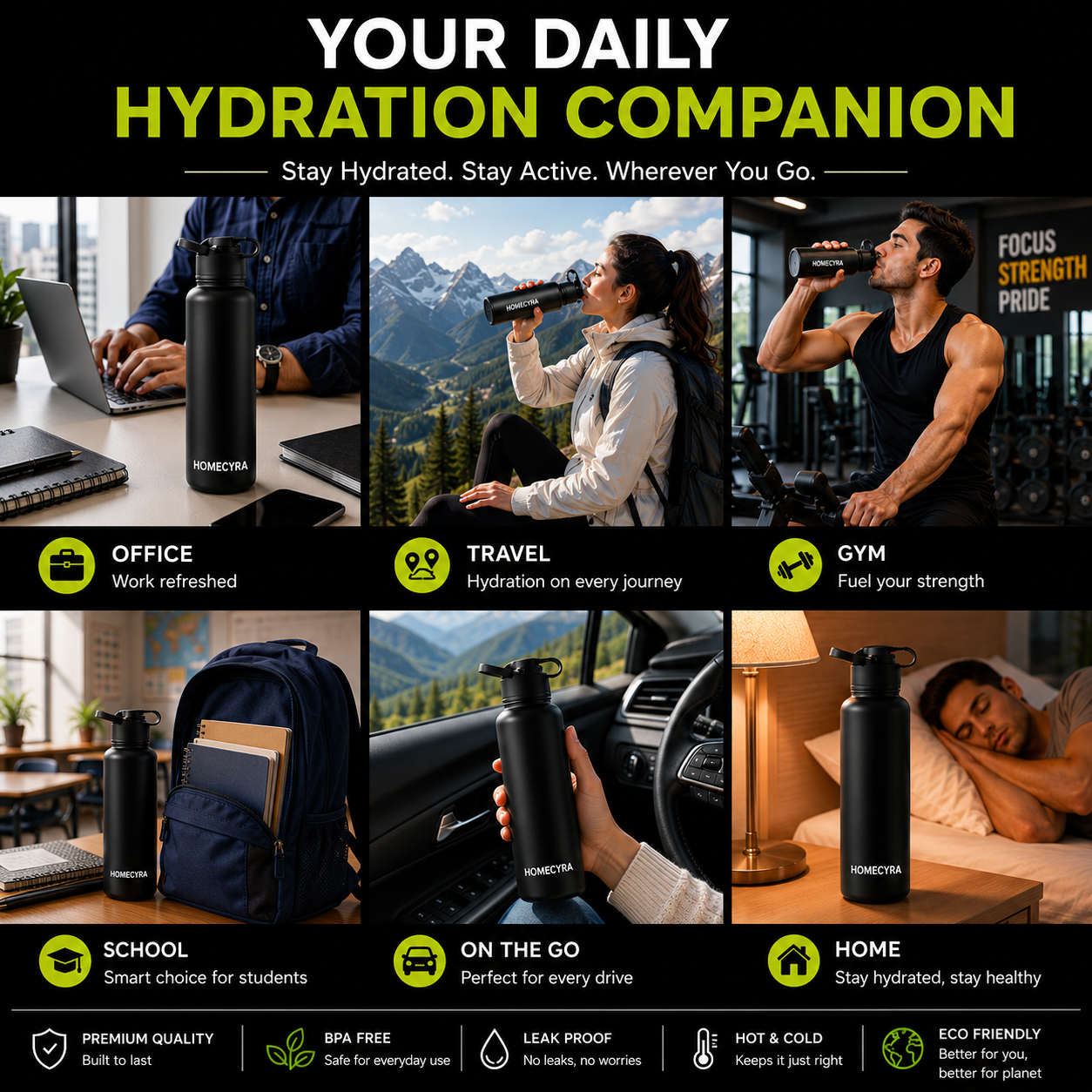 HOMECYRA Premium Stainless Steel Water Bottle | Leakproof | BPA Free | Matte Black | Reusable Sports, Office, Travel & Gym Bottle | 750 ml