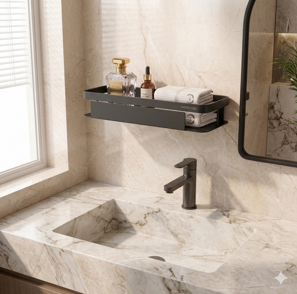 HOMECYRA No  Drill  | Self Adhesive Wall Mounted Bathroom Shelf for Shampoo, Soap & Accessories |