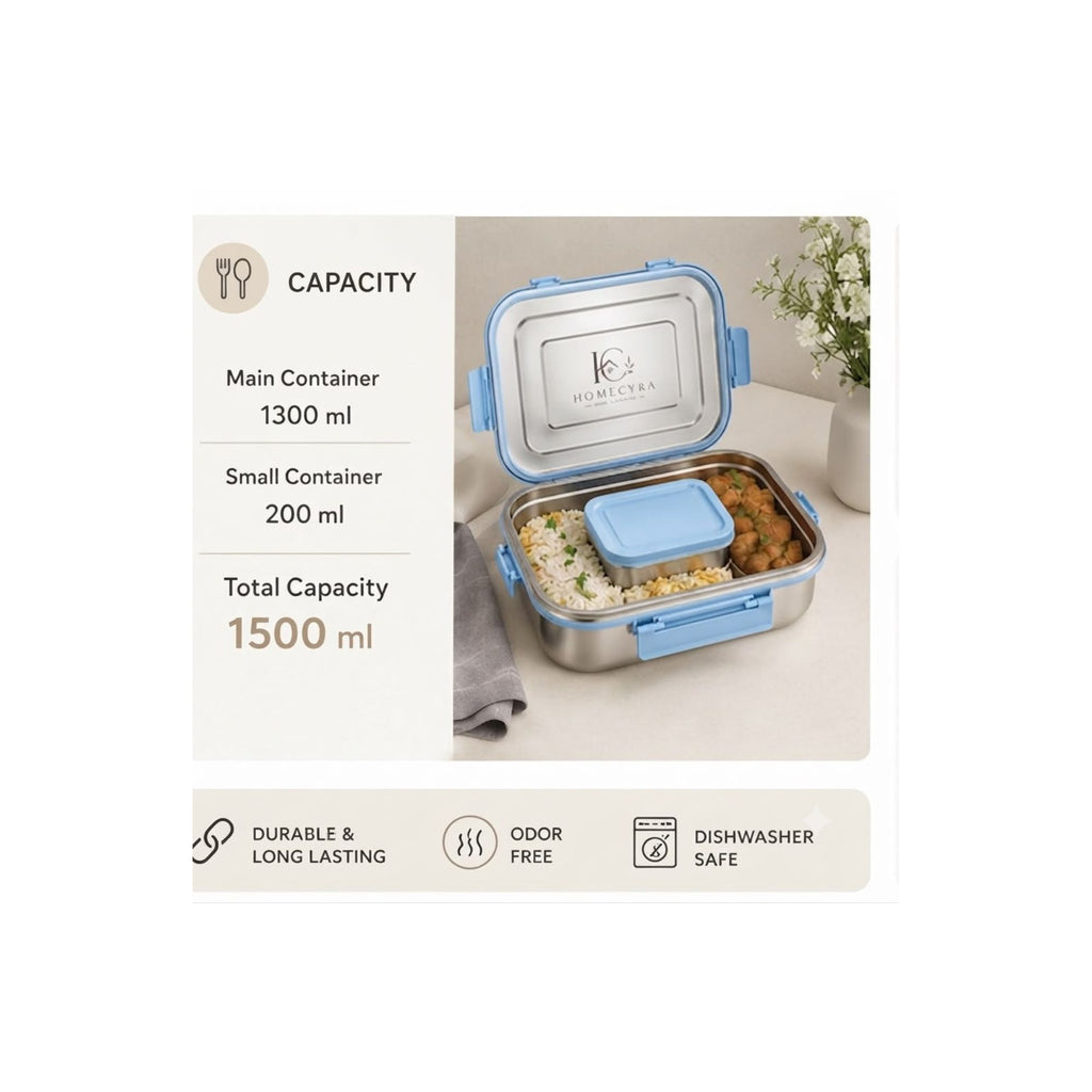 Homecyra 304 Stainless Steel Lunch Box | Leak Proof Airtight Tiffin Box with Snack Container | BPA Free | 1300ml + 200ml | Blue