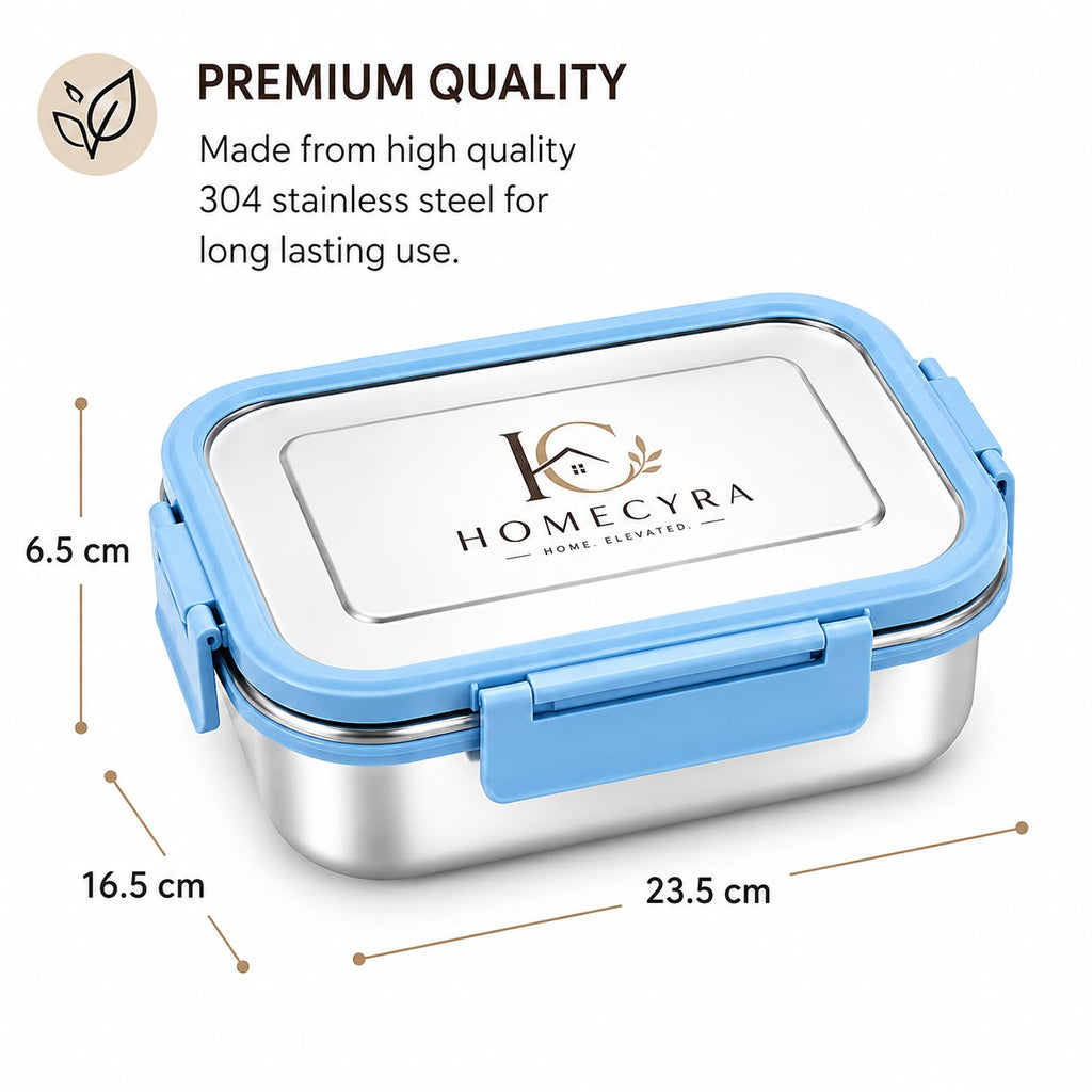 Homecyra 304 Stainless Steel Lunch Box | Leak Proof Airtight Tiffin Box with Snack Container | BPA Free | 1300ml + 200ml | Blue