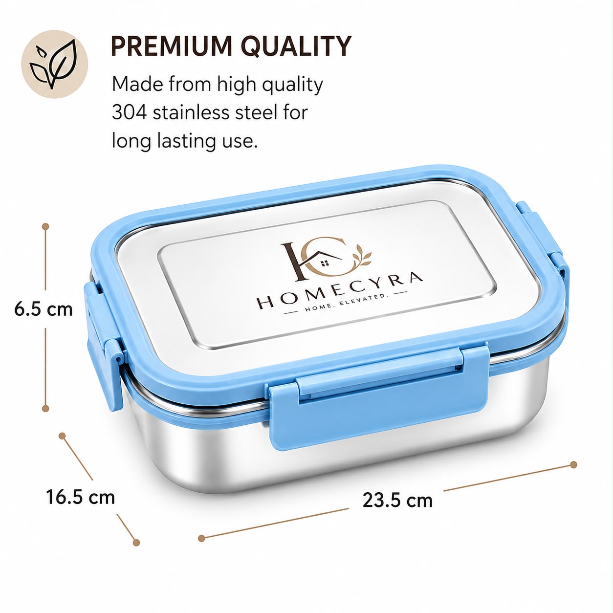 Homecyra 304 Stainless Steel Lunch Box | Leak Proof Airtight Tiffin Box with Snack Container | BPA Free | 1300ml + 200ml | Blue