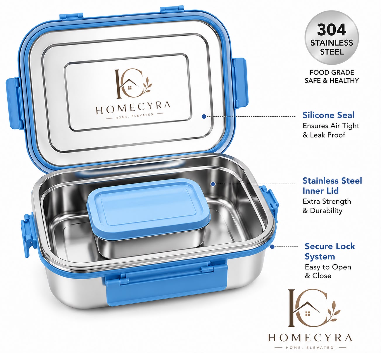 Homecyra 304 Stainless Steel Lunch Box | Leak Proof Airtight Tiffin Box with Snack Container | BPA Free | 1300ml + 200ml | Blue